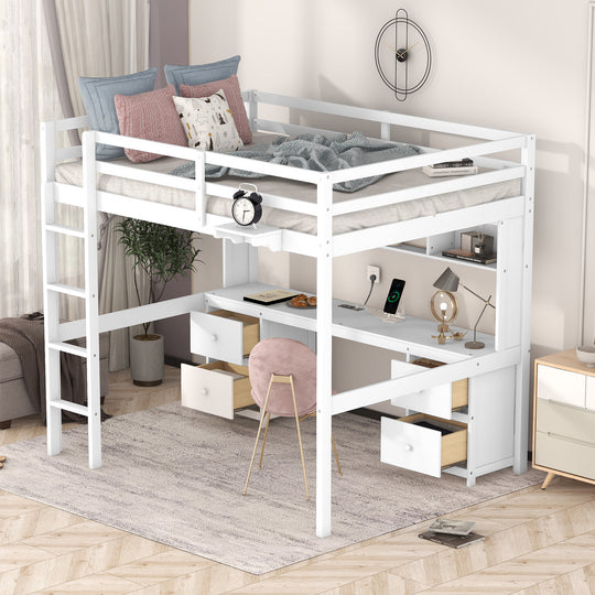 Full Size Loft Bed with Desk, Cabinets, Drawers and Bedside Tray, Charging Station, White