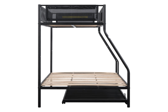 Twin over Full Metal Bunk Bed with Trundle/ Sturdy Metal Bed Frame/ Noise-Free Wood Slats/ Comfortable Textilene Guardrail/ Space-saving Trundle/ Bunk Bed for Three/ No Box Spring Needed