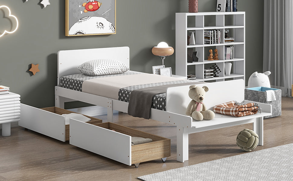 Twin Bed with Footboard Bench,2 drawers,White