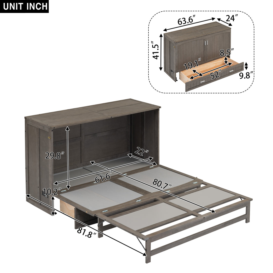 Queen Size Murphy Bed with Built-In Charging Station, Antique Grey