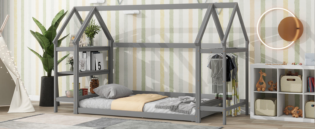 Twin size wood house bed with storage shelf and hanger ,kids bedroom set,Grey