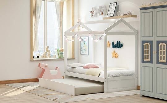 House Bed with Trundle, can be Decorated,White