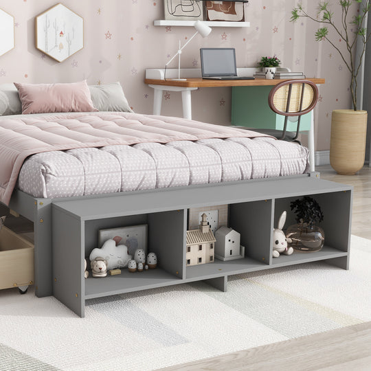 Full Size Bed with Storage Case, 2 Storage drawers, Lengthwise Support Slat,Grey