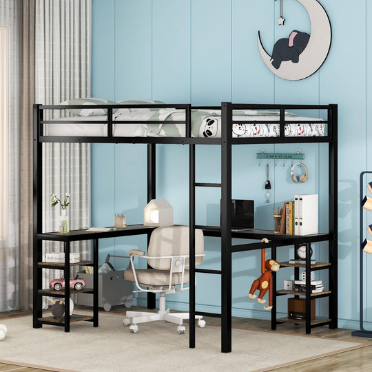 Full Metal Loft Bed with Desk and Shelves, Loft Bed with Ladder and Guardrails, Loft Bed Frame for Bedroom, Black