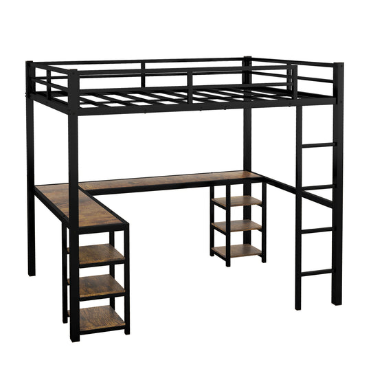 Full Metal Loft Bed with Desk and Shelves, Loft Bed with Ladder and Guardrails, Loft Bed Frame for Bedroom, Black