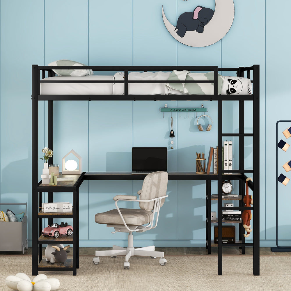 Full Metal Loft Bed with Desk and Shelves, Loft Bed with Ladder and Guardrails, Loft Bed Frame for Bedroom, Black