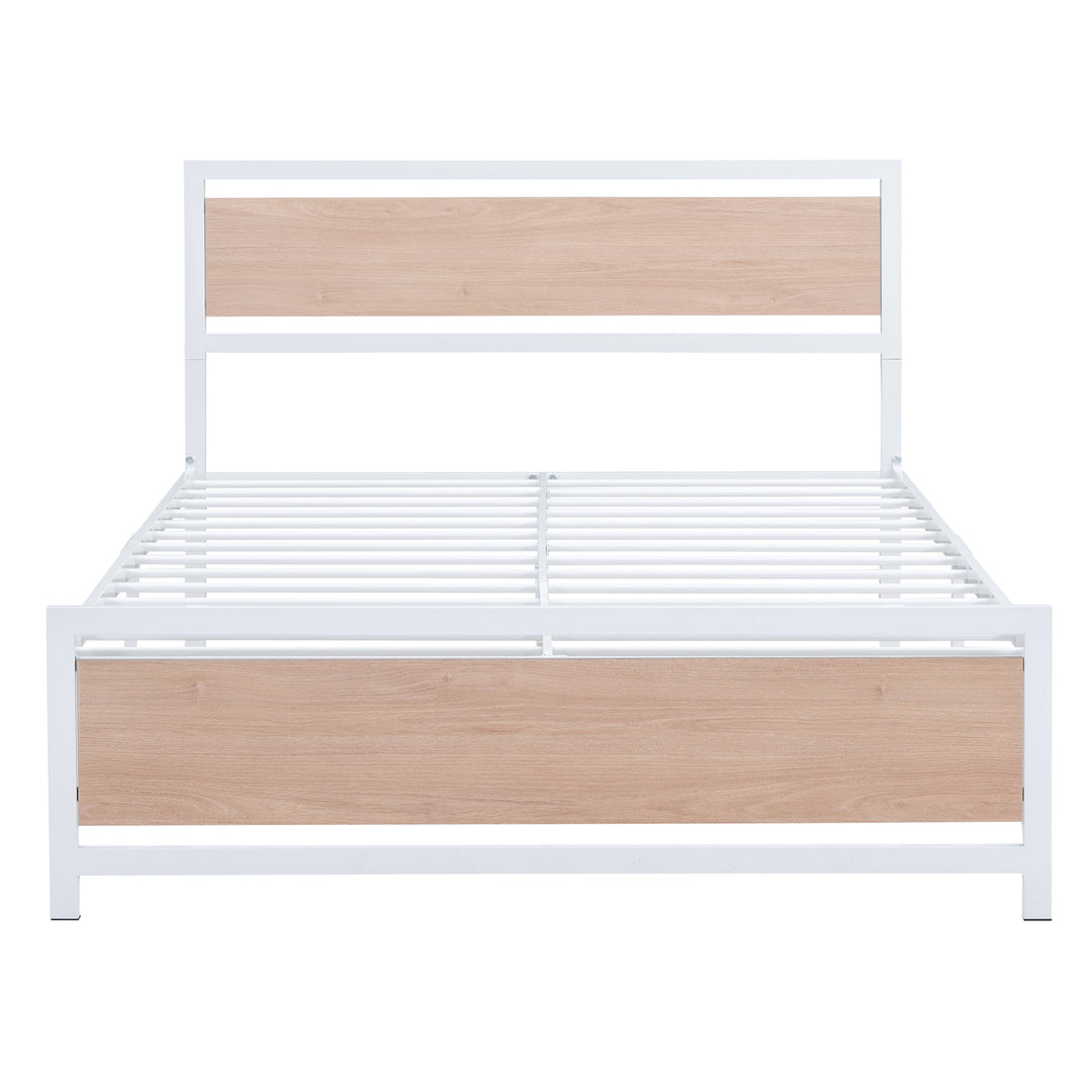 Full Size Platform Bed, Metal and Wood Bed Frame with Headboard and Footboard , White