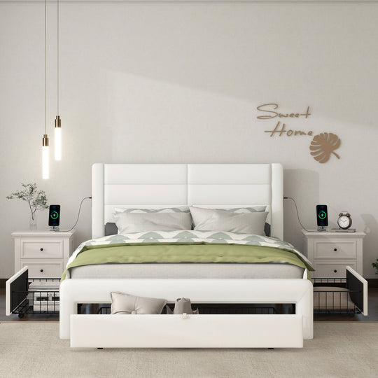 Queen Size Bed Frame with Drawers Storage, Leather Upholstered Platform Bed with Charging Station, White