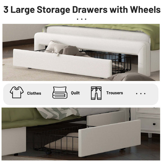 Queen Size Bed Frame with Drawers Storage, Leather Upholstered Platform Bed with Charging Station, White