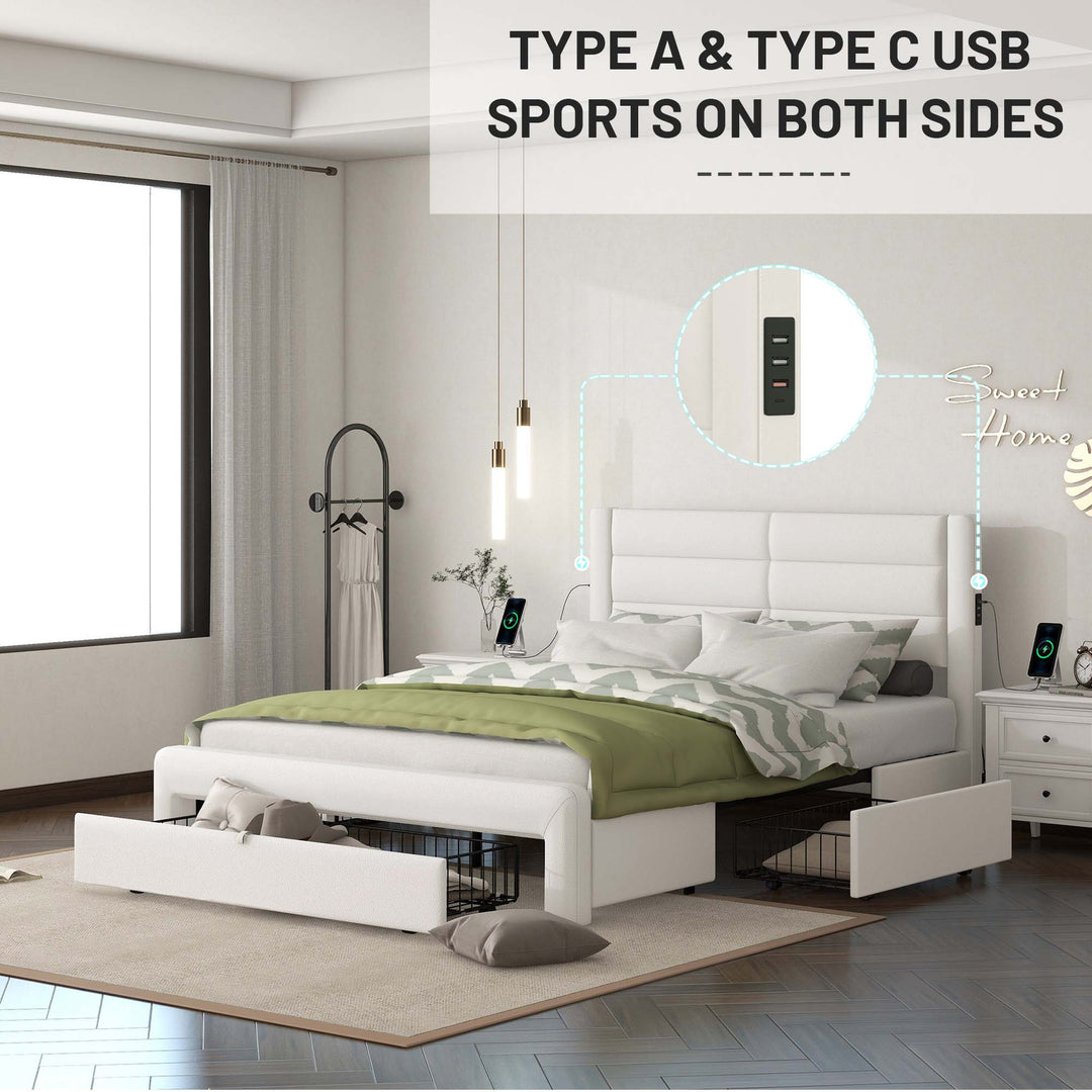 Queen Size Bed Frame with Drawers Storage, Leather Upholstered Platform Bed with Charging Station, White