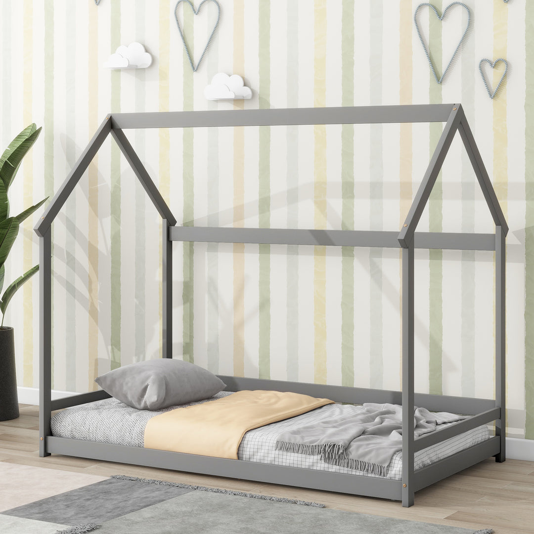 Twin size wood house bed with storage shelf and hanger ,kids bedroom set,Grey