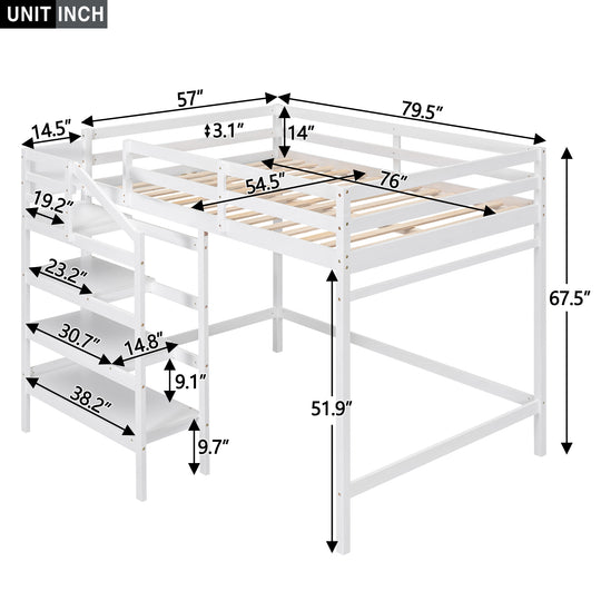 Full Size Loft Bed with Built-in Storage Staircase and Hanger for Clothes, White