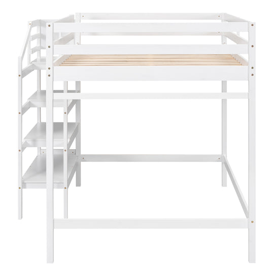 Full Size Loft Bed with Built-in Storage Staircase and Hanger for Clothes, White