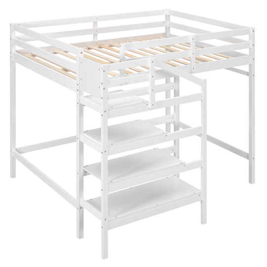 Full Size Loft Bed with Built-in Storage Staircase and Hanger for Clothes, White