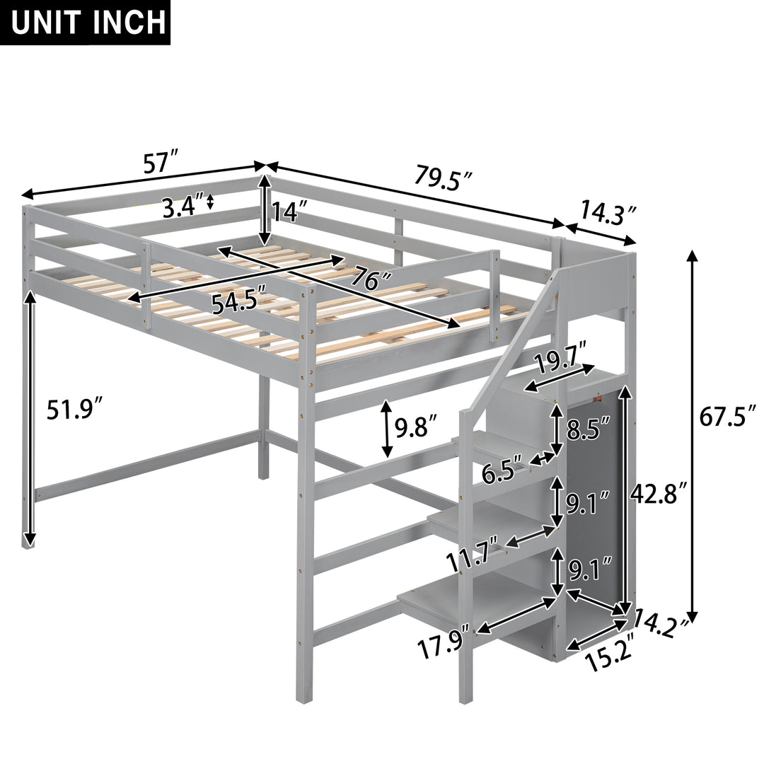 Full Size Loft Bed with Built-in Storage Wardrobe and Staircase, Gray