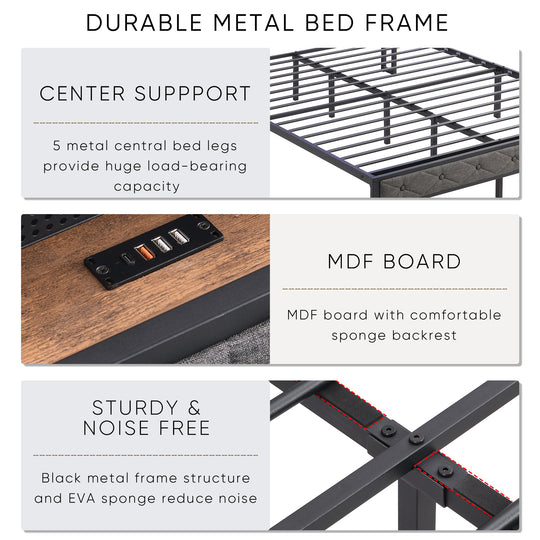 Full Bed Frame with  Storage Headboard, Charging Station and LED Lights, Upholstered Platform Bed with Heavy Metal Slats, No Box Spring Needed, Noise Free, Easy Assembly, Dark Gray