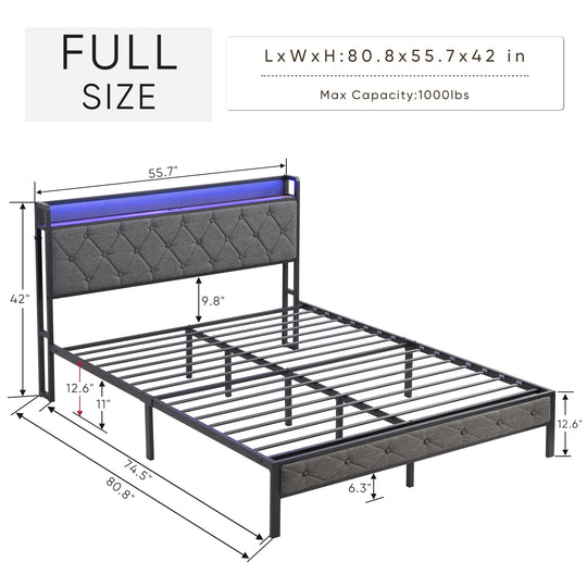 Full Bed Frame with  Storage Headboard, Charging Station and LED Lights, Upholstered Platform Bed with Heavy Metal Slats, No Box Spring Needed, Noise Free, Easy Assembly, Dark Gray