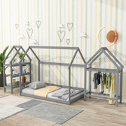 Twin size wood house bed with storage shelf and hanger ,kids bedroom set,Grey