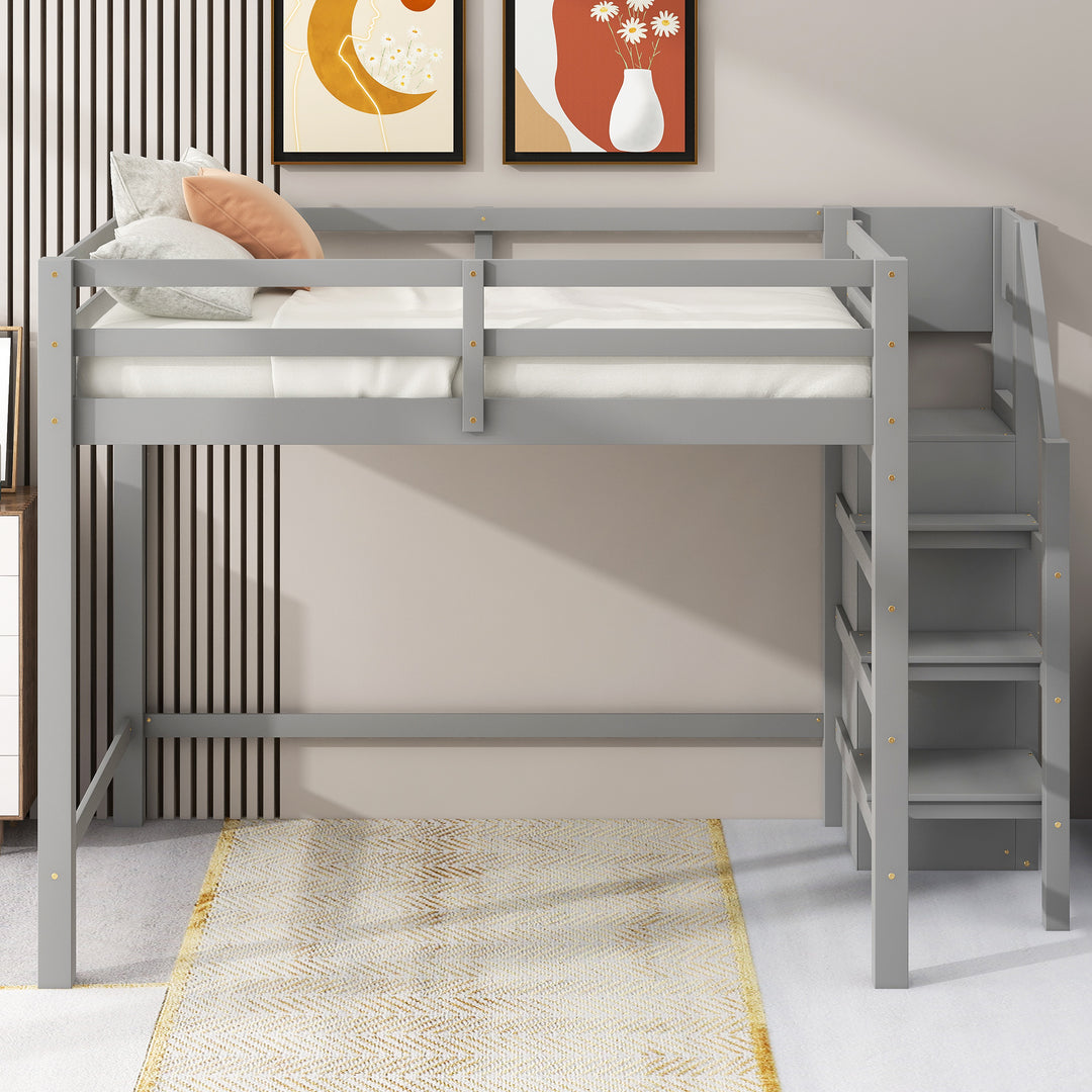 Full Size Loft Bed with Built-in Storage Wardrobe and Staircase, Gray