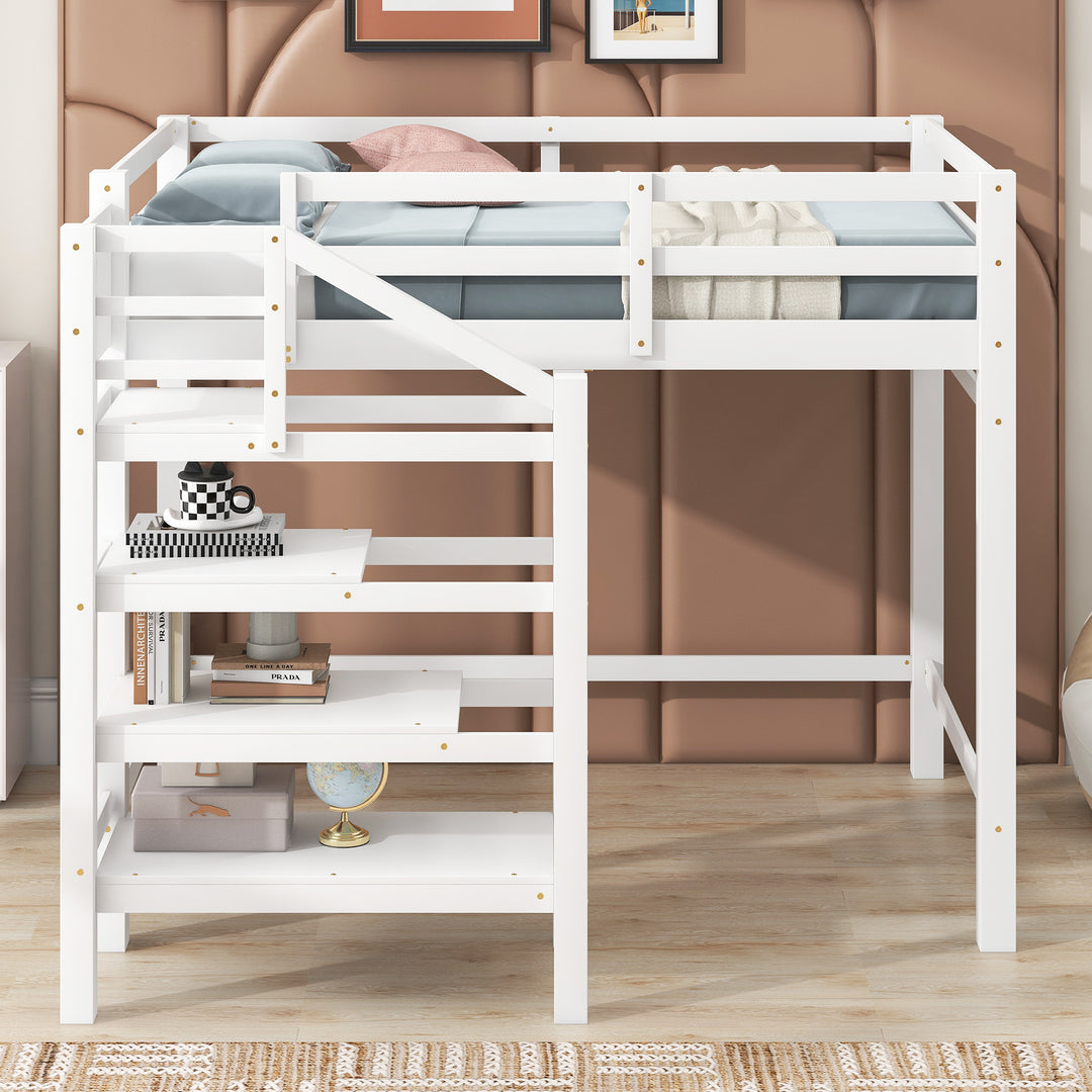 Full Size Loft Bed with Built-in Storage Staircase and Hanger for Clothes, White