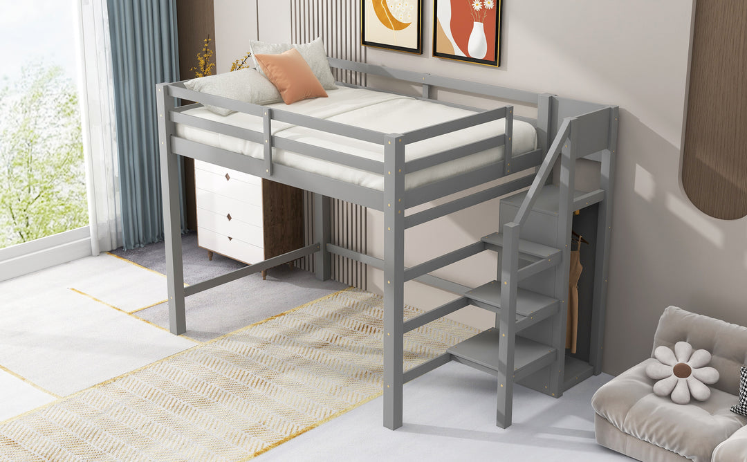 Full Size Loft Bed with Built-in Storage Wardrobe and Staircase, Gray