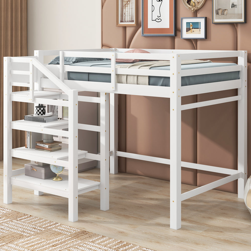 Full Size Loft Bed with Built-in Storage Staircase and Hanger for Clothes, White