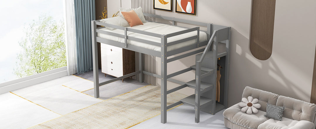 Full Size Loft Bed with Built-in Storage Wardrobe and Staircase, Gray