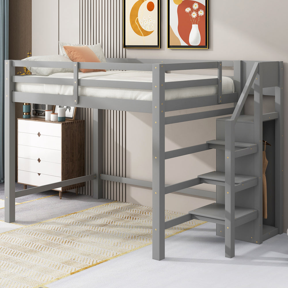 Full Size Loft Bed with Built-in Storage Wardrobe and Staircase, Gray