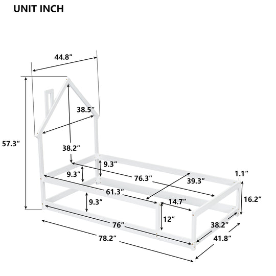 Twin Size Wood bed with House-shaped Headboard Floor bed with Fences,White