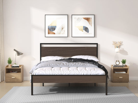 Ceres Metal Bed, Black with Walnut Wood Headboard&Footboard, Queen