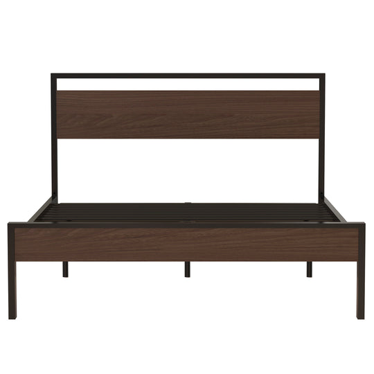 Ceres Metal Bed, Black with Walnut Wood Headboard&Footboard, Queen