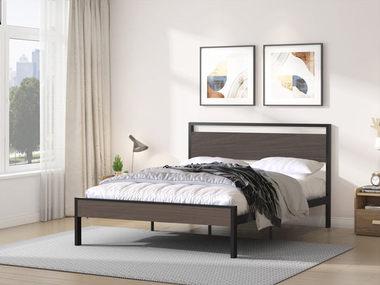 Ceres Metal Bed, Black with Walnut Wood Headboard&Footboard, Queen