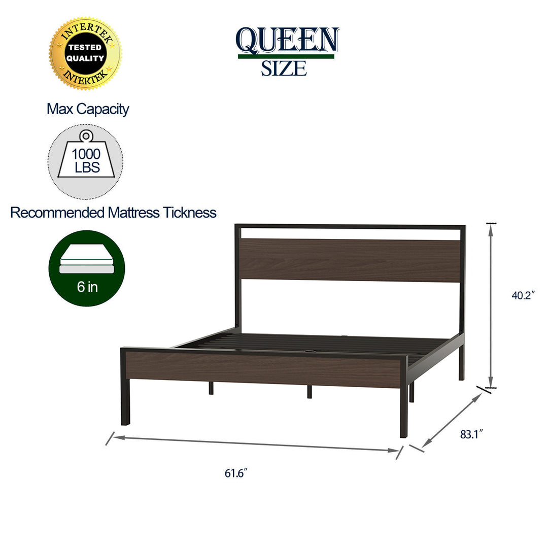 Ceres Metal Bed, Black with Walnut Wood Headboard&Footboard, Queen