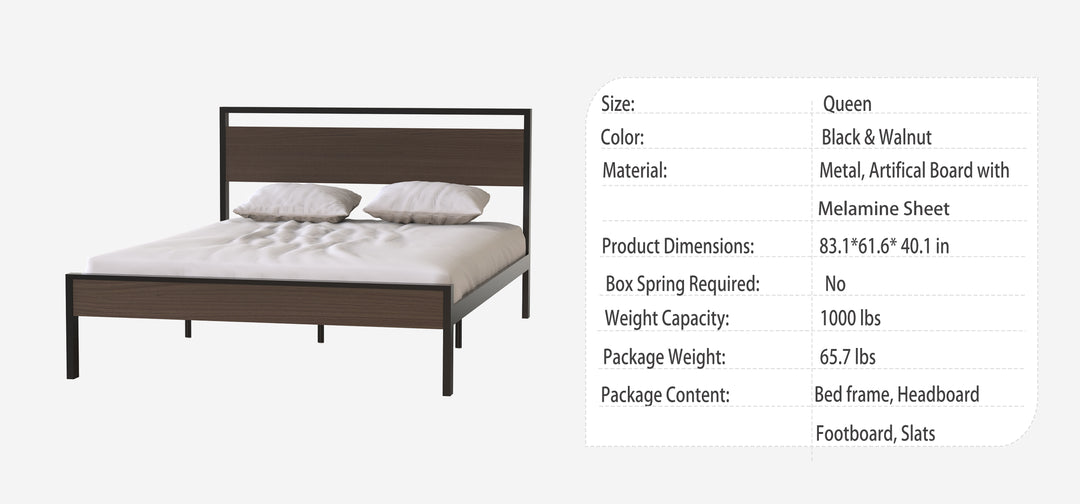 Ceres Metal Bed, Black with Walnut Wood Headboard&Footboard, Queen