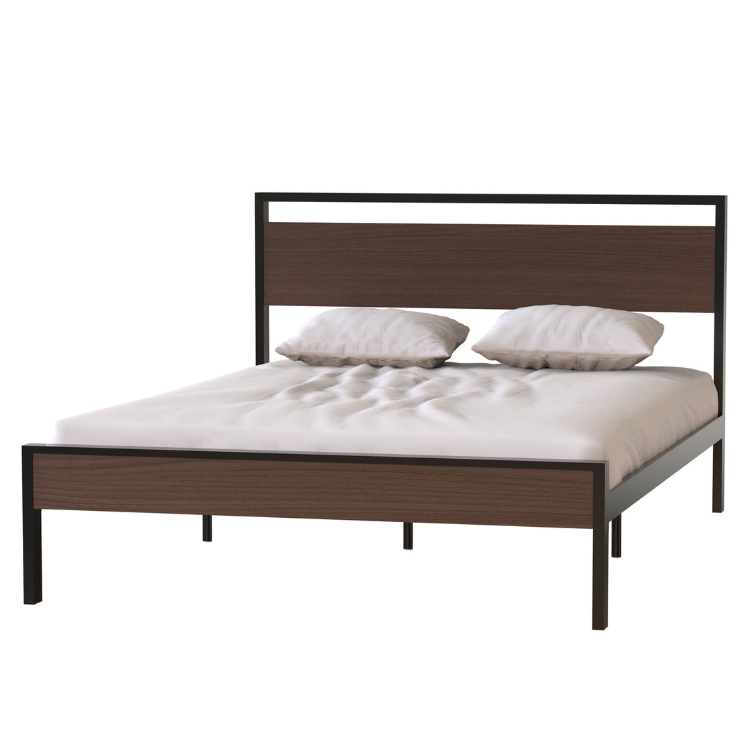 Ceres Metal Bed, Black with Walnut Wood Headboard&Footboard, Queen