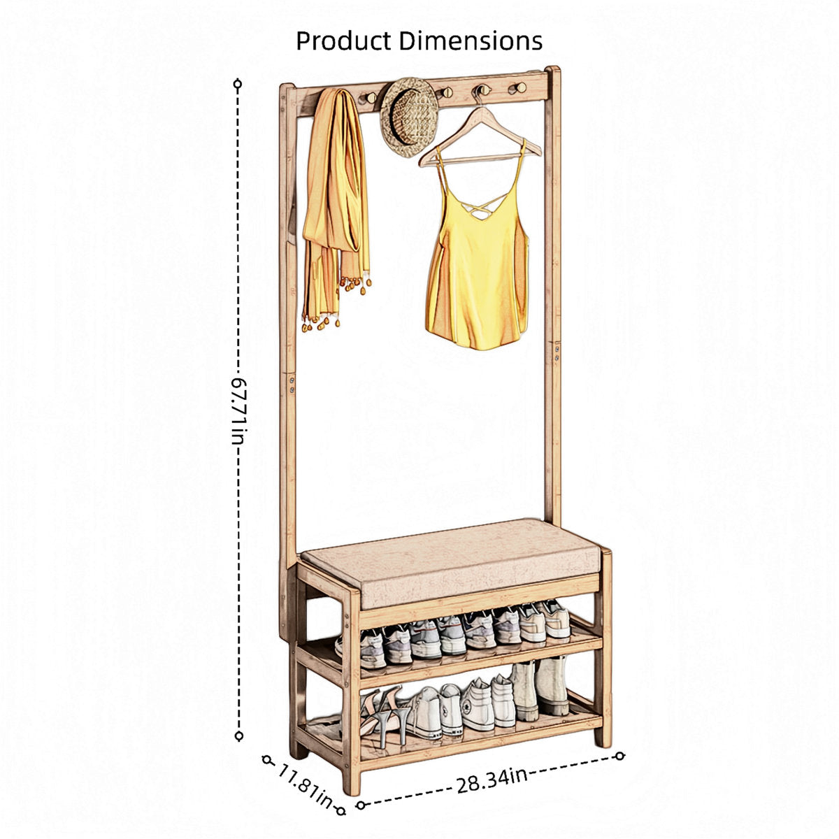 Narrow Bamboo Hall Tree with Bench & Shoe Storage