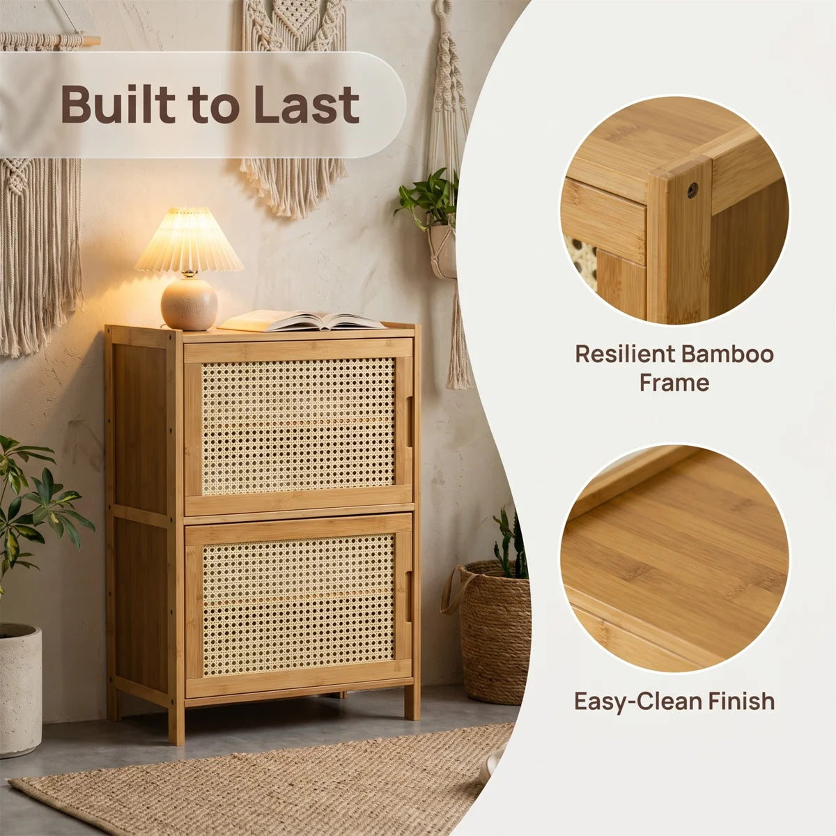 Bamboo Storage Cabinet with Rattan Doors, 2-Door Entryway Sideboard 26.8" Tall, Narrow Shoe Cabinet with Removable Shelves, Mid-Century Modern Boho Accent Cabinet for Living Room Bedroom Hallway, Natural Finish