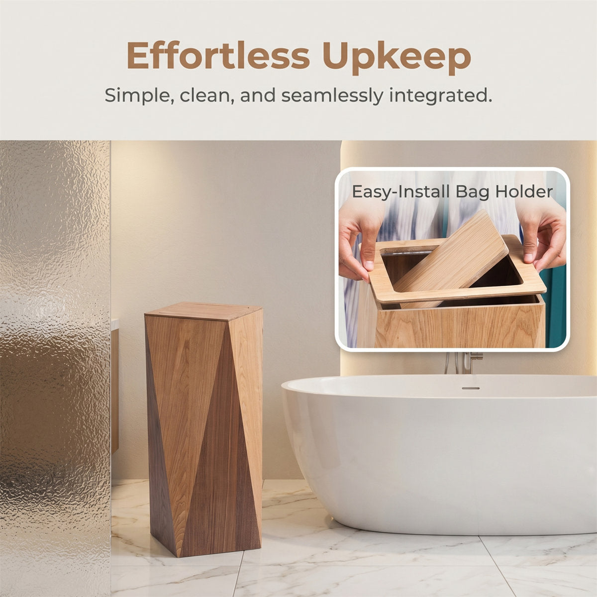 Wood Trash Can with Lid, 23.6" Slim Bathroom Bin