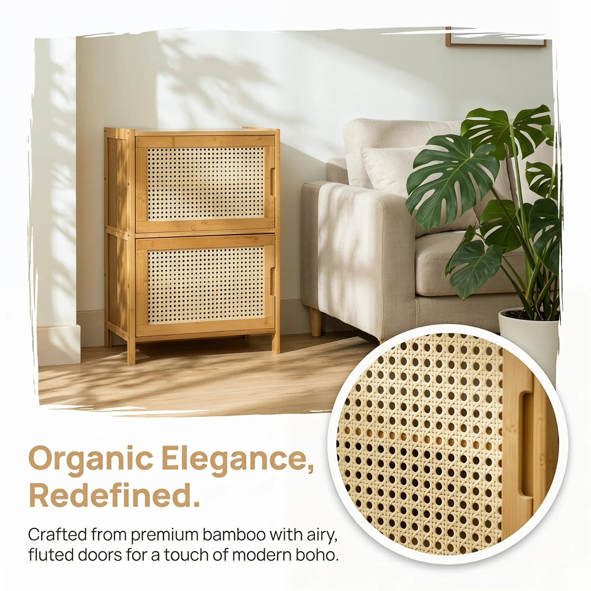 Bamboo Storage Cabinet with Rattan Doors, 2-Door Entryway Sideboard 26.8" Tall, Narrow Shoe Cabinet with Removable Shelves, Mid-Century Modern Boho Accent Cabinet for Living Room Bedroom Hallway, Natural Finish