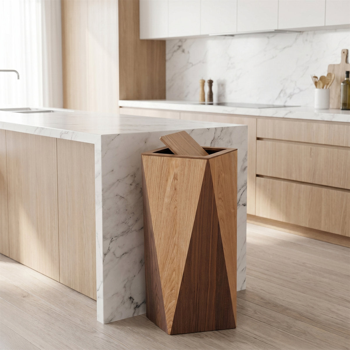 Wood Trash Can with Lid, 23.6" Slim Bathroom Bin
