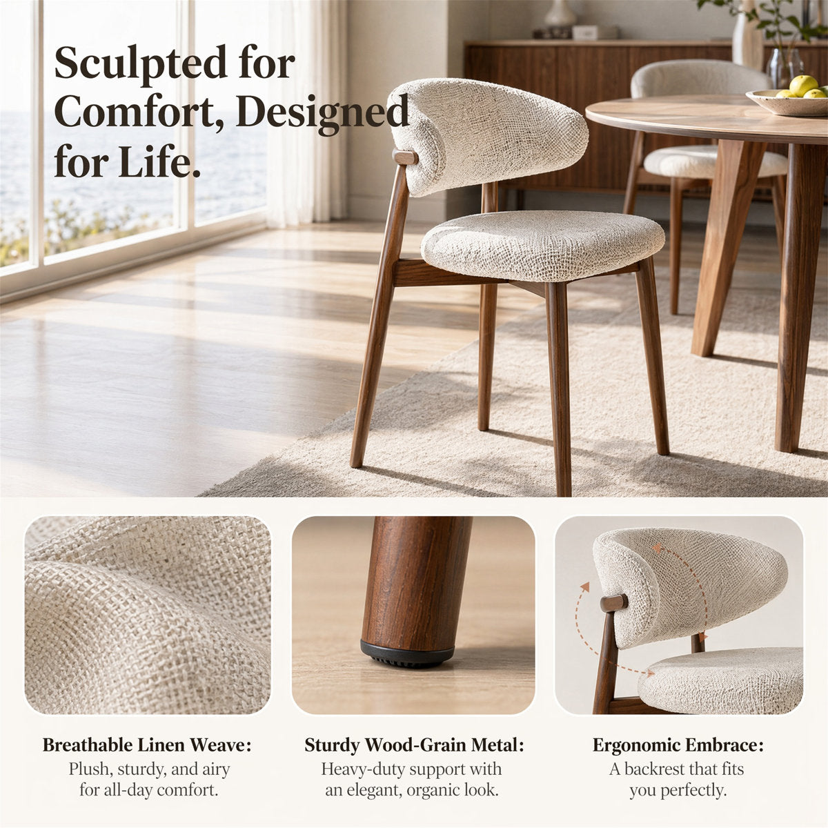 Curved Linen Dining Chair