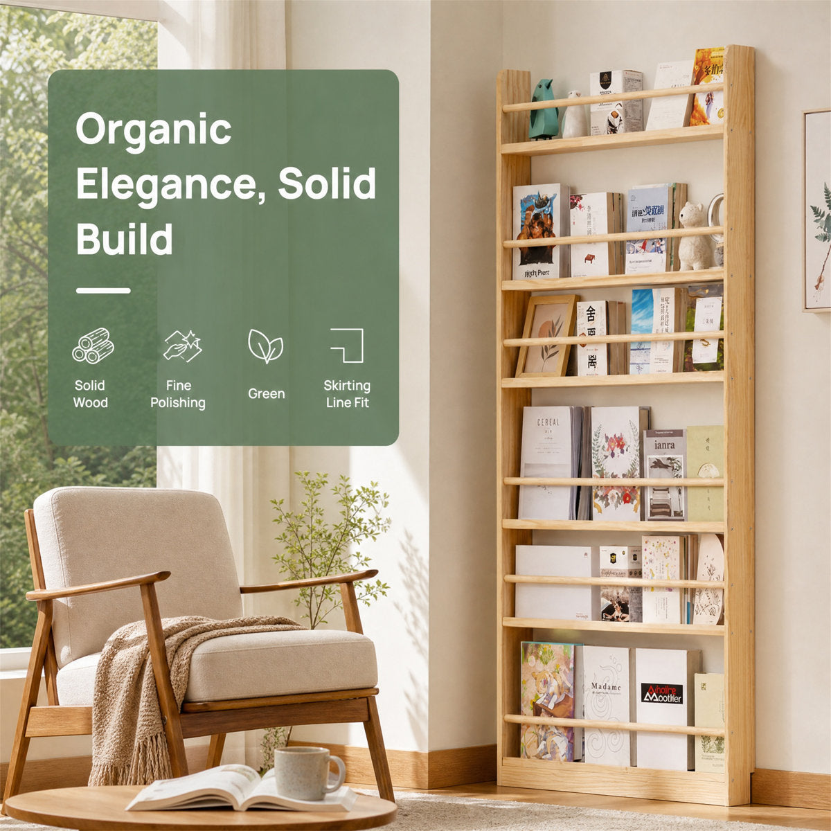 Six-Tier Solid Wood Bookshelf