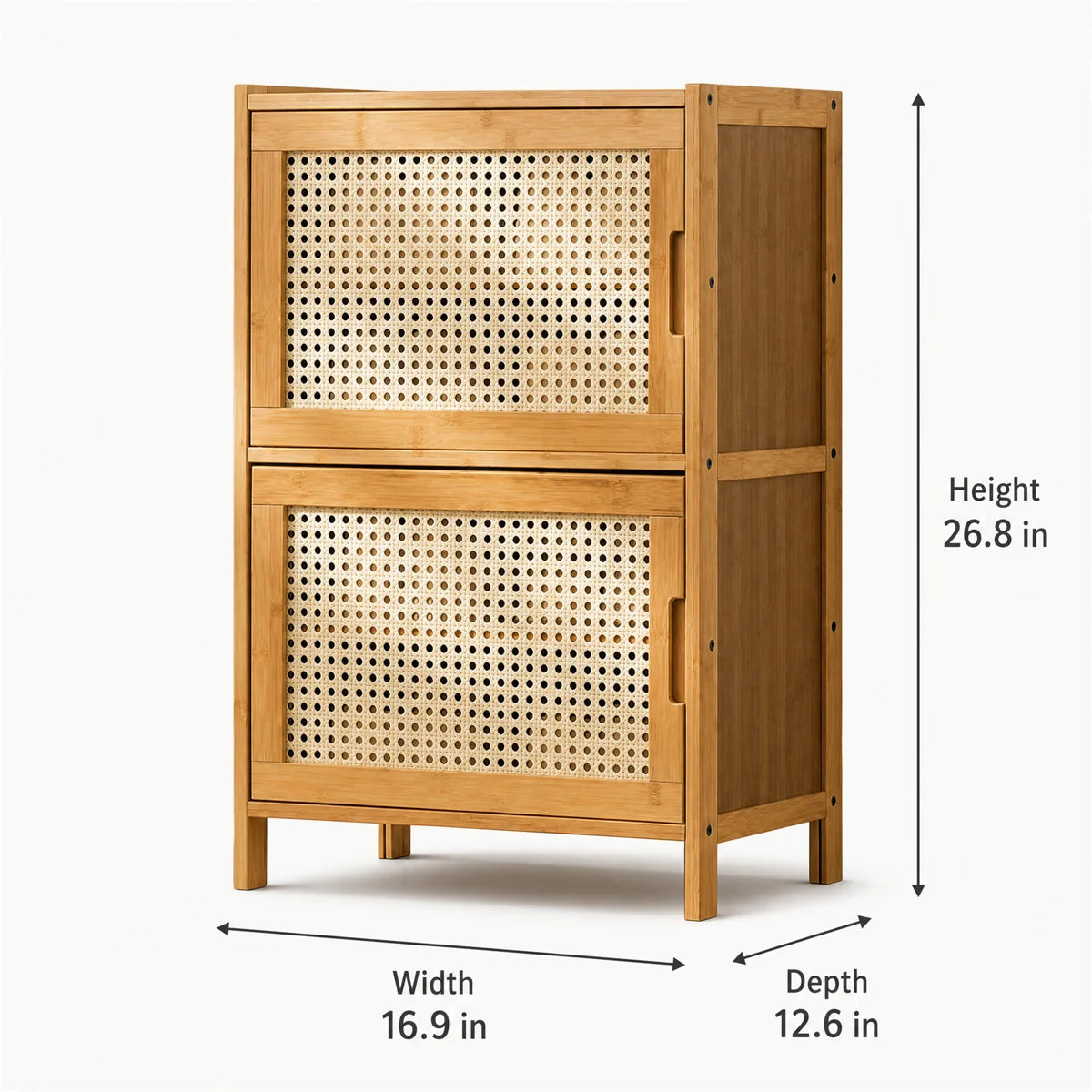 Bamboo Storage Cabinet with Rattan Doors, 2-Door Entryway Sideboard 26.8" Tall, Narrow Shoe Cabinet with Removable Shelves, Mid-Century Modern Boho Accent Cabinet for Living Room Bedroom Hallway, Natural Finish