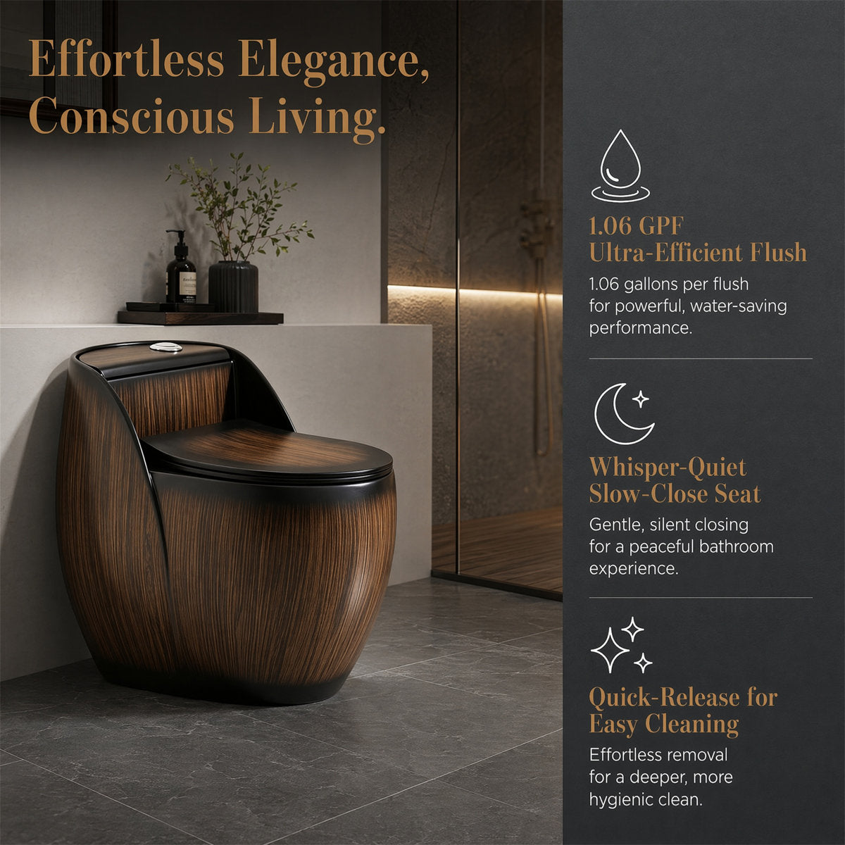 Wood-Grain One-Piece Toilet