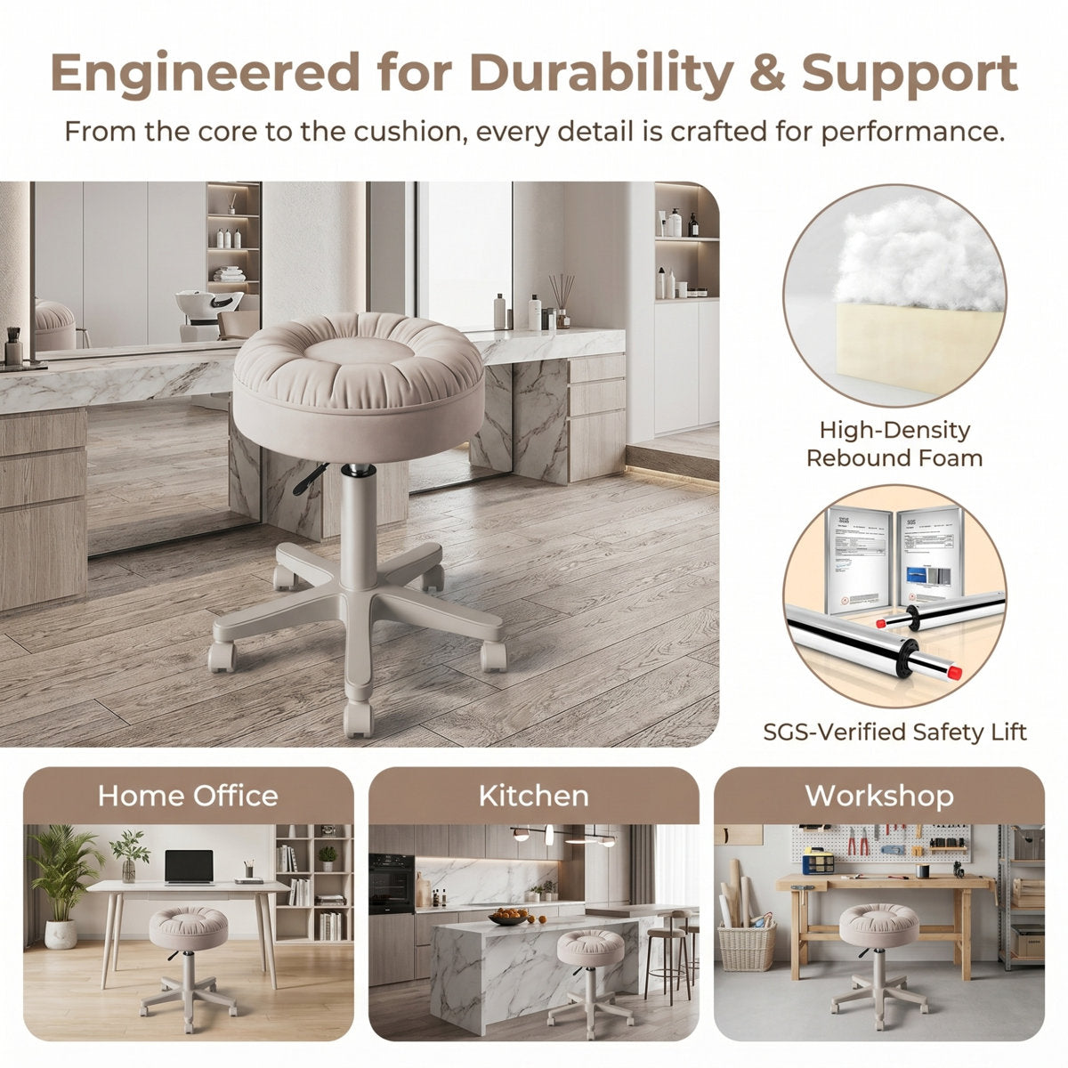 Rolling Vanity Stool with Wheels | Adjustable 15.7–19.7"