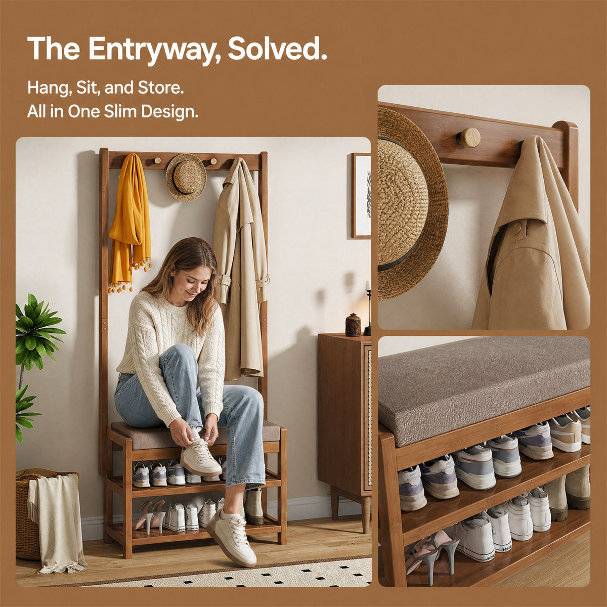Narrow Bamboo Hall Tree with Bench & Shoe Storage