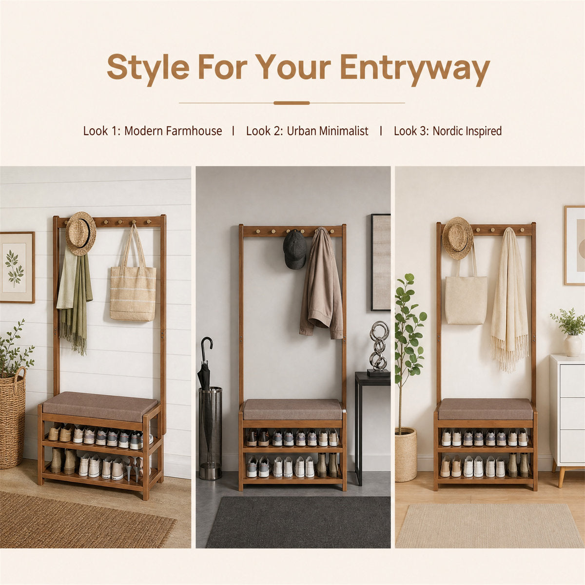 Narrow Bamboo Hall Tree with Bench & Shoe Storage
