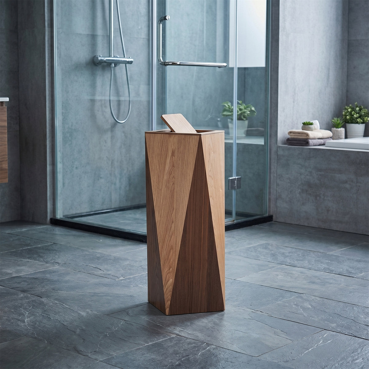 Wood Trash Can with Lid, 23.6" Slim Bathroom Bin