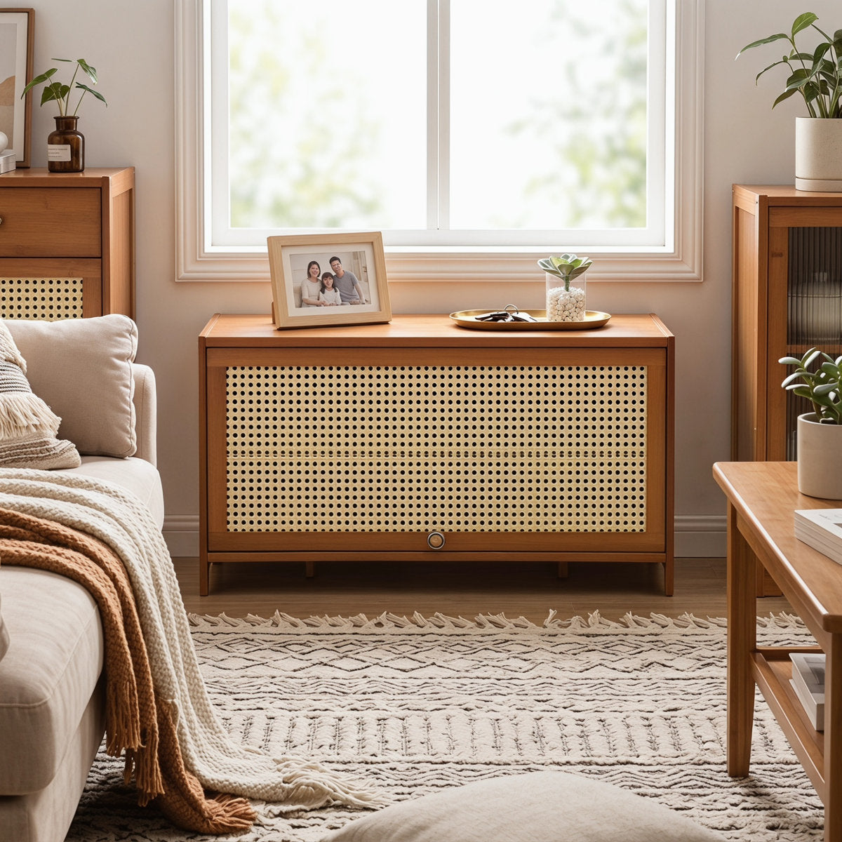 A 31.5-inch rattan cabinet that hides the pile by the door — and looks like you planned it.