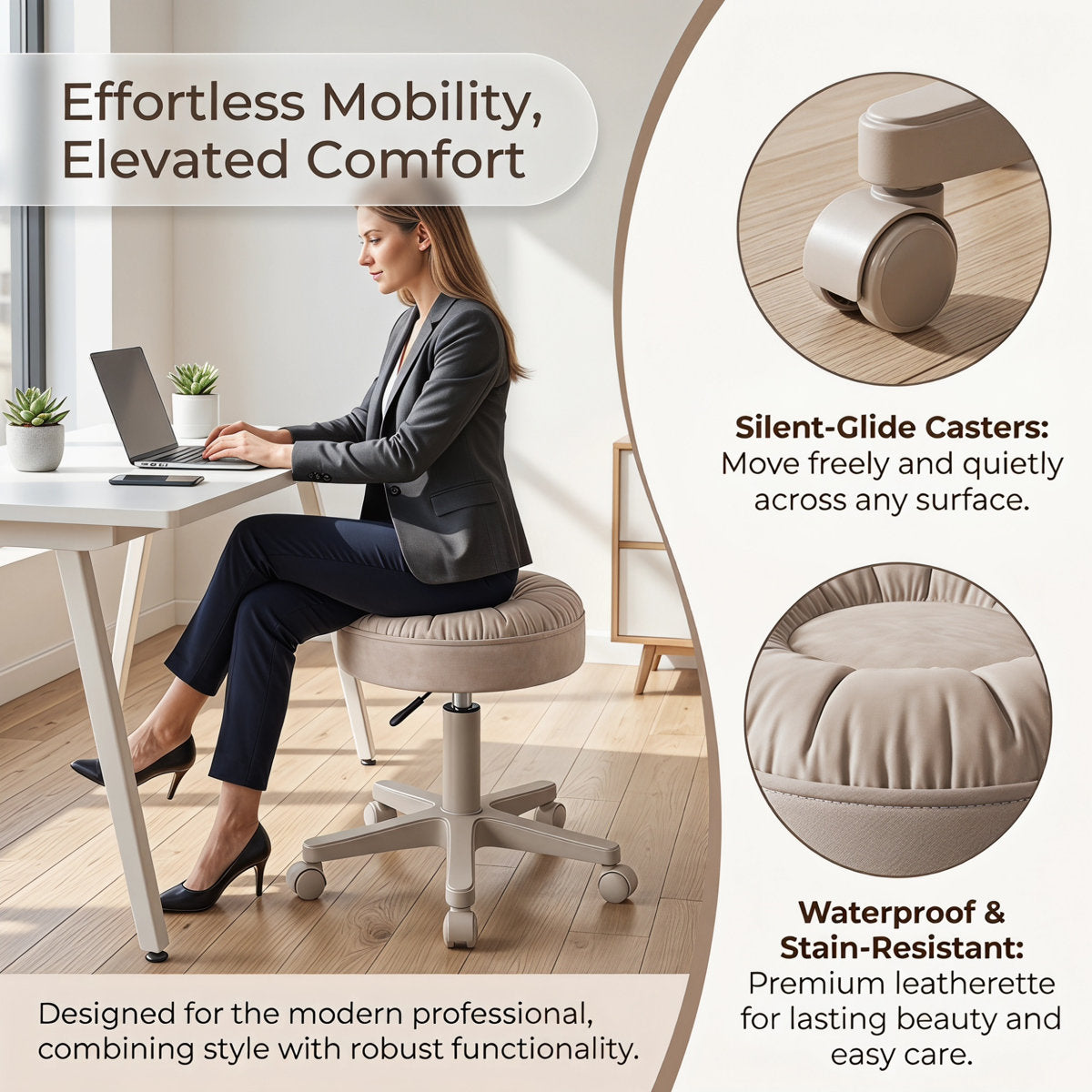 Rolling Vanity Stool with Wheels | Adjustable 15.7–19.7"